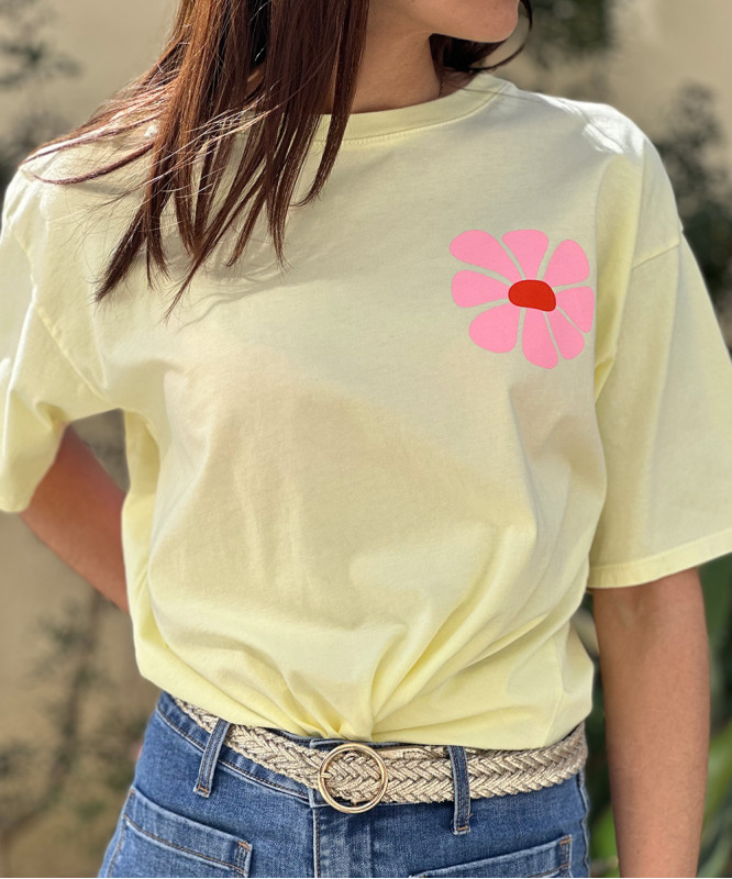 T-shirt jaune coton à fleurs