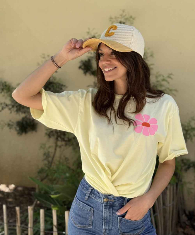 Casquette C velours jaune et beige