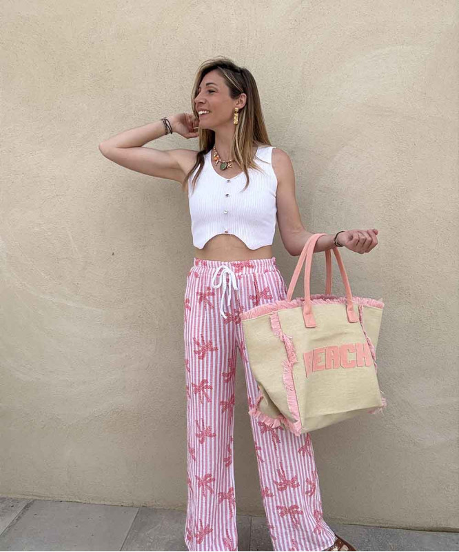 Sac beach beige et franges rose saumon