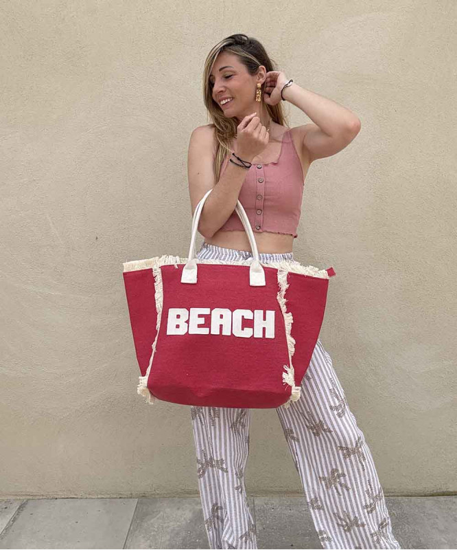 Sac beach rouge à franges beiges