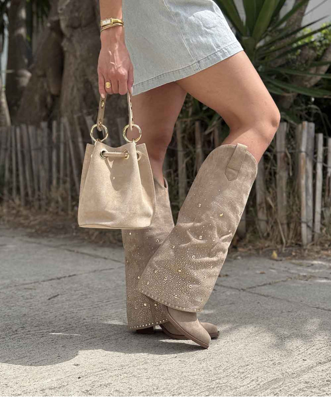 Santiags hautes à rabats strass dorés