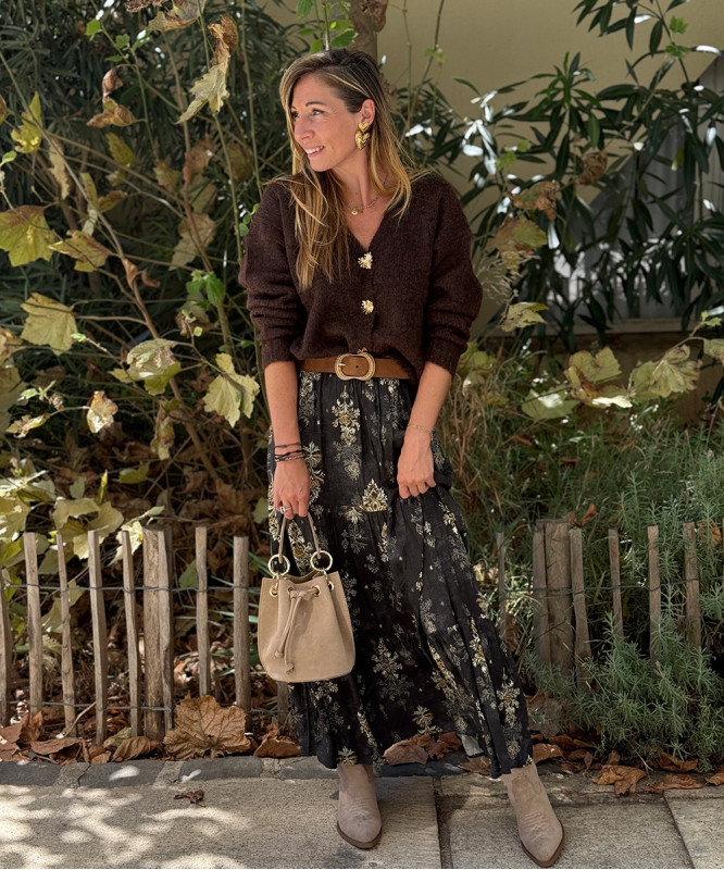 Jupe longue verts satin motifs marrons