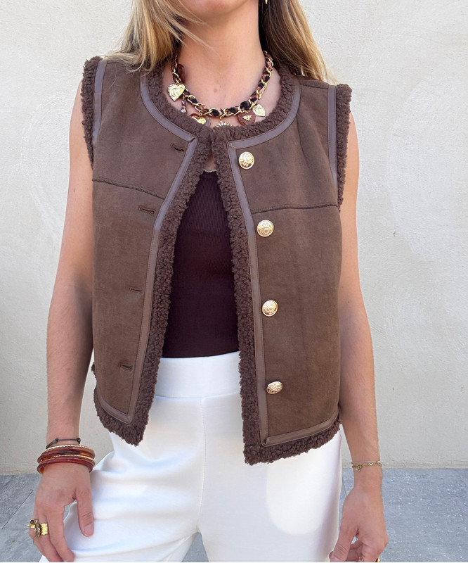 Veste sans manches moumoute marron
