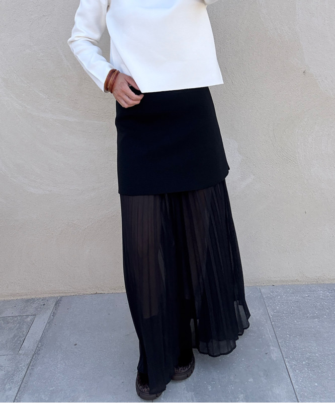 Jupe longue plissée bi-matière