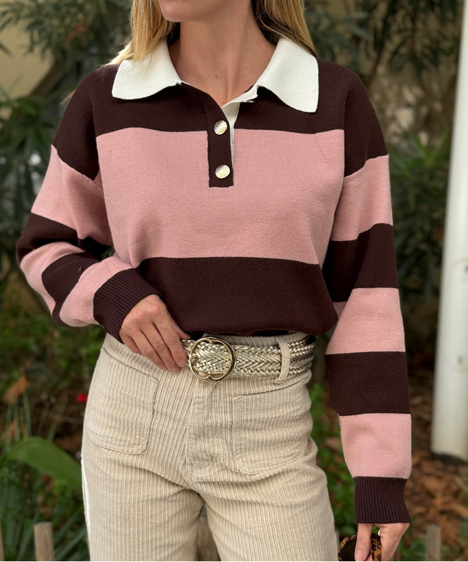 Pull col façon polo à rayures rose et marron