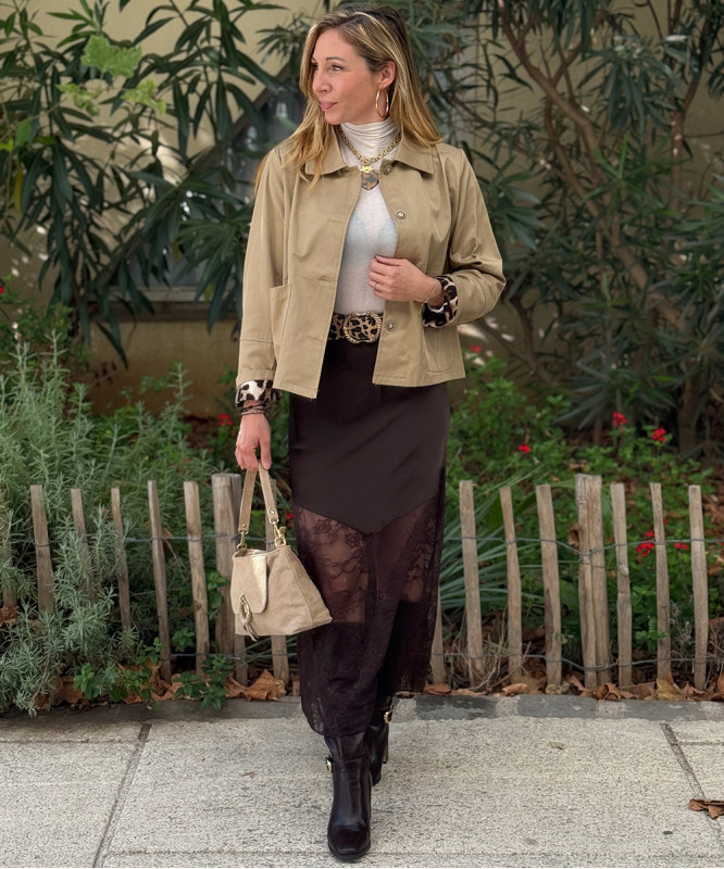 Veste courte beige détails léopard