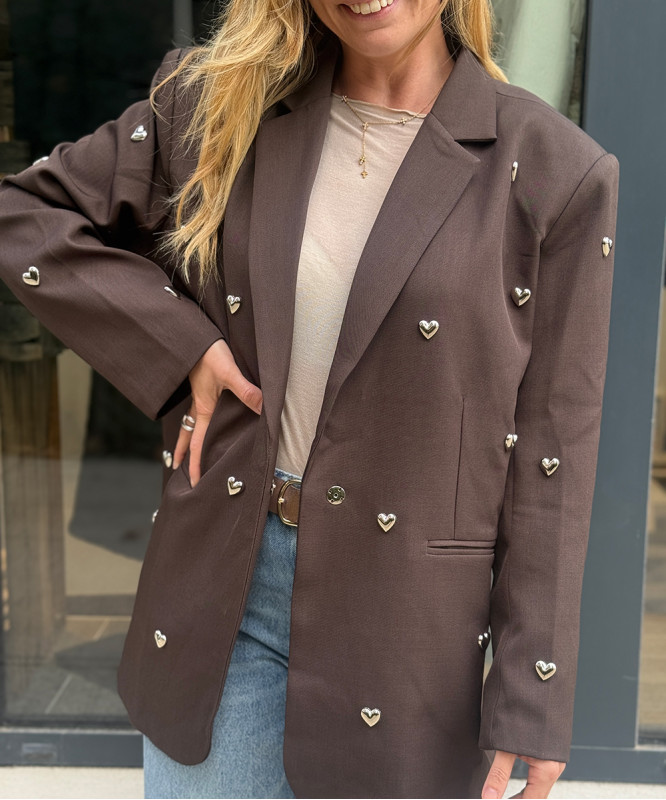 Veste large marron coeurs argentés
