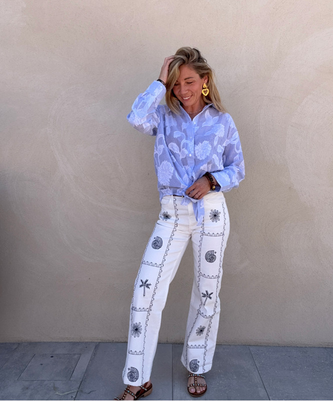 Pantalon blanc droit coquillages brodés