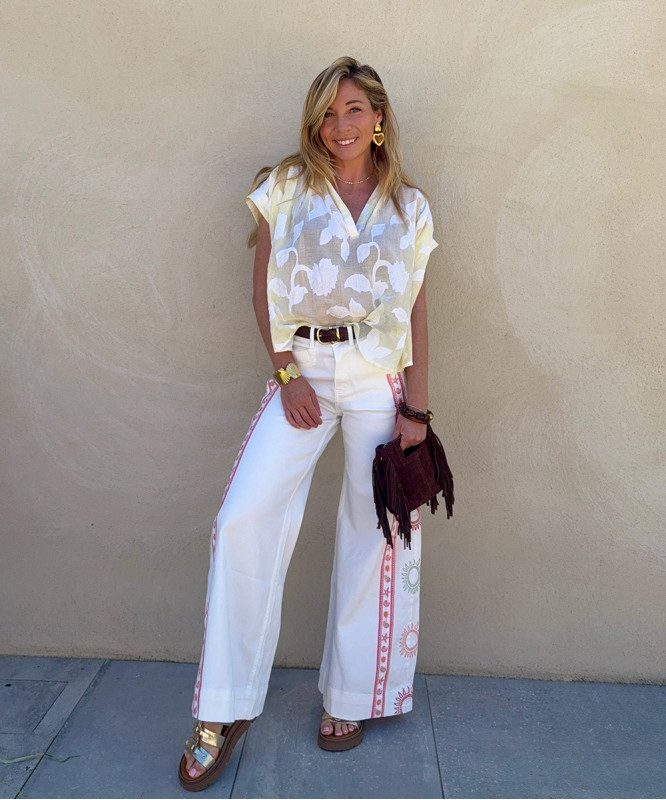 Pantalon blanc large soleil brodés