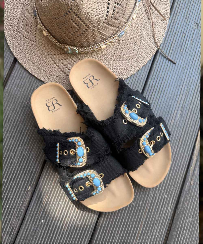 Sandales double boucle noir pierres turquoises