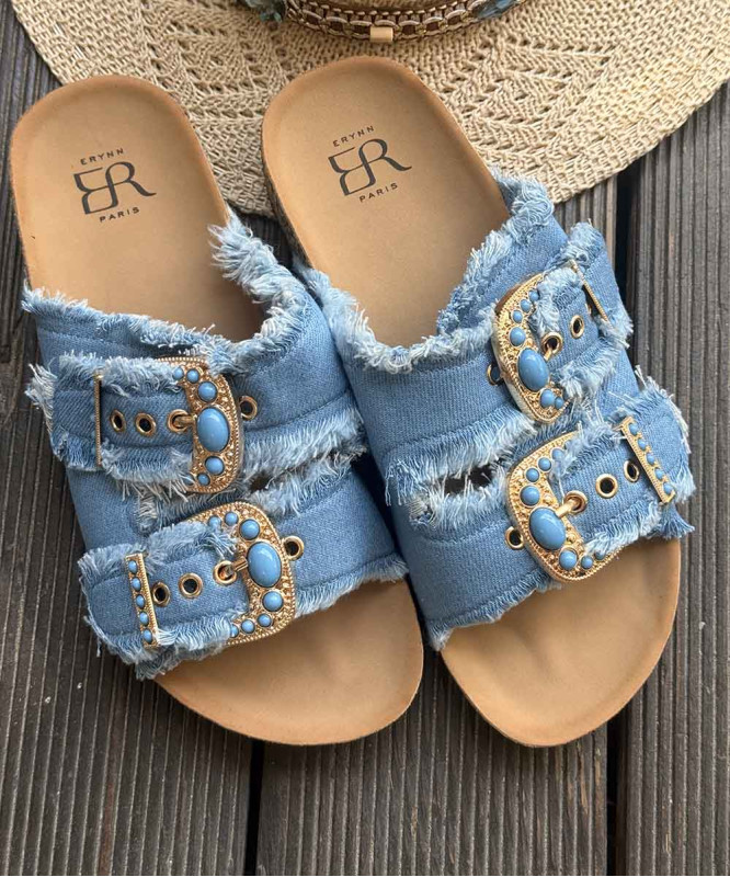 Sandales double boucle denim clair pierres turquoises