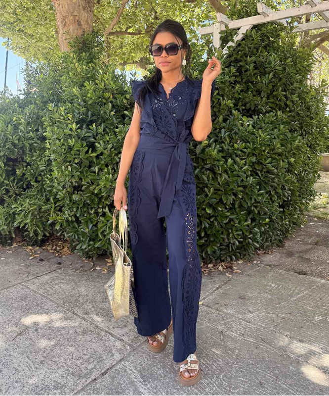 Pantalon bleu marine côtés dentelle