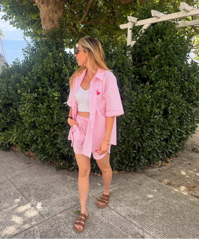 Chemise manches courtes rayée rose et blanc