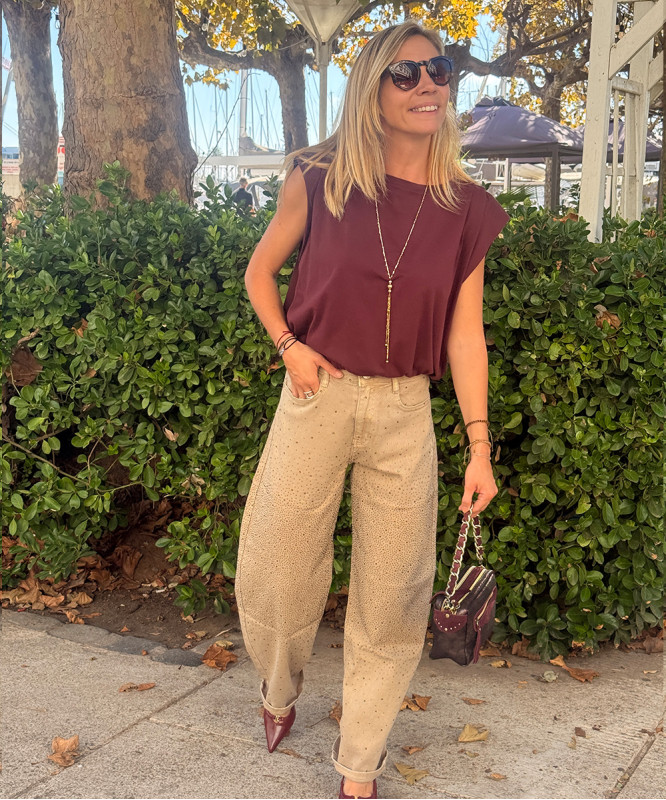 Pantalon balloon beige à strass